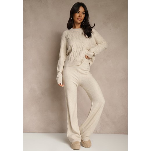 Jasnobeżowy Dzianinowy Komplet z Wełną Spodnie Wide Leg i Sweter Cropped Nezera ze sklepu renee.pl w kategorii Komplety i garnitury damskie - zdjęcie 186800783