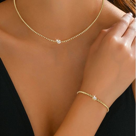Elegancki damski komplet złoty z kryształkiem stal szlachetna ze sklepu otien.com w kategorii Komplety biżuterii - zdjęcie 186811534