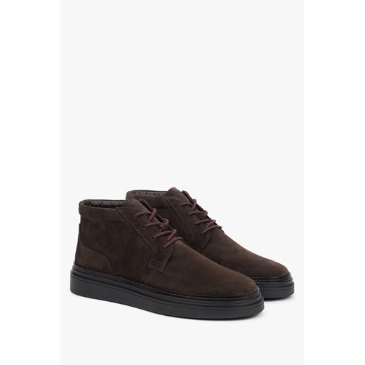 Estro: Ciemnobrązowe botki męskie z weluru naturalnego z lekkim ociepleniem Estro 41 Estro