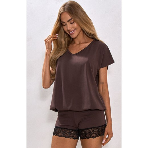 Krótka bawełniana piżama damska czekoladowa z czarną koronką Tamara 3, Kolor czekoladowy, Rozmiar XS, DKaren ze sklepu Intymna w kategorii Piżamy damskie - zdjęcie 186813792