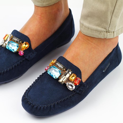 Granatowe zamszowe mokasyny damskie z kryształami Vinceza 2221 ze sklepu suzana.pl w kategorii Mokasyny damskie - zdjęcie 186814854