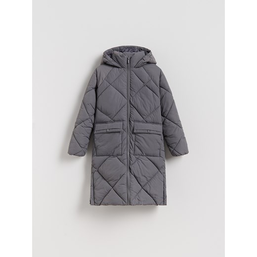 Reserved - Długi pikowany płaszcz z kapturem - ciemnoszary - id: 246EX-90X - marki Reserved - 186815584 Reserved - Długi pikowany płaszcz z kapturem - ciemnoszary ze sklepu Reserved w kategorii Płaszcze dziewczęce - zdjęcie 186815584