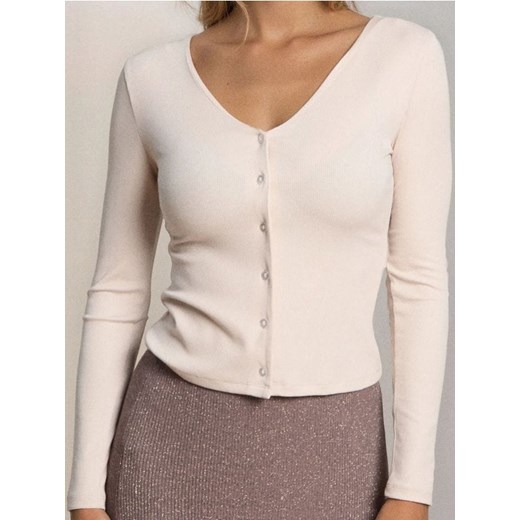 Sinsay - Prążkowana bluzka z dekoltem V - beżowy ze sklepu Sinsay w kategorii Bluzki damskie - zdjęcie 186817941