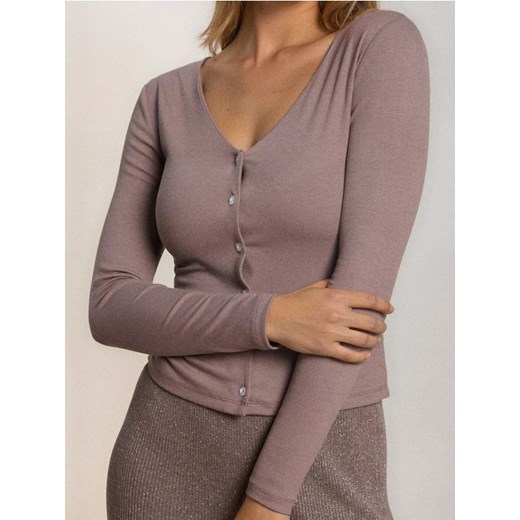 Sinsay - Prążkowana bluzka z dekoltem V - brązowy ze sklepu Sinsay w kategorii Bluzki damskie - zdjęcie 186817943