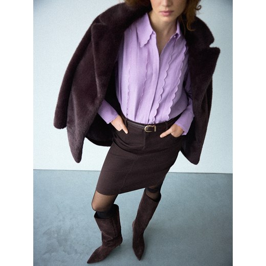 Mohito - Jeansowa czekoladowa spódnica midi - ciemnobrązowy ze sklepu Mohito w kategorii Spódnice - zdjęcie 186818700