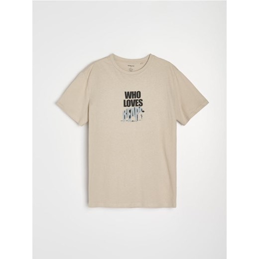 Sinsay - Bawełniana koszulka z napisem - beżowy ze sklepu Sinsay w kategorii T-shirty męskie - zdjęcie 186825760