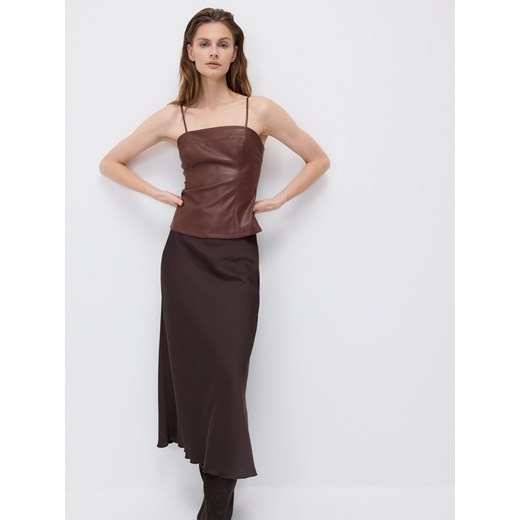 Reserved - Satynowa spódnica midi - ciemnobrązowy ze sklepu Reserved w kategorii Spódnice - zdjęcie 187042014