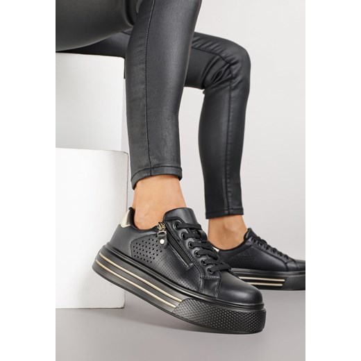 Czarne Sneakersy na Grubej Podeszwie z Perforacją i Suwakiem Giorinea 39 born2be.pl