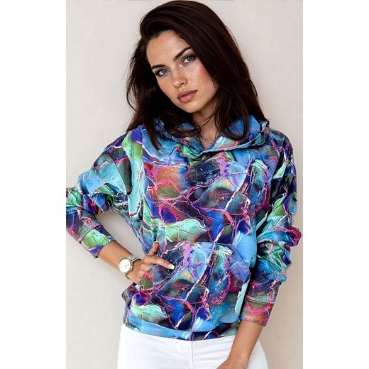 Bluza kangurka z kapturem niebieski marmur 390-1, Kolor niebieski-wzór, Rozmiar L, Numoco ze sklepu Primodo w kategorii Bluzy damskie - zdjęcie 187056632