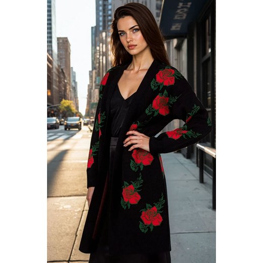Długi kardigan w róże czarny BK102, Kolor czarny-wzór, Rozmiar uniwersalny, BeWear ze sklepu Primodo w kategorii Swetry damskie - zdjęcie 187056651