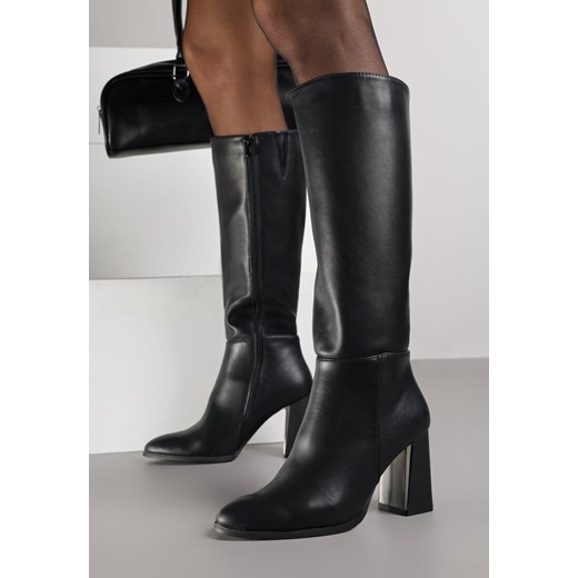 Czarne Kozaki VICES do Kolana ze Skóry Naturalnej na Metalicznym Słupku Zenilla ze sklepu renee.pl w kategorii Kozaki damskie - zdjęcie 187188990