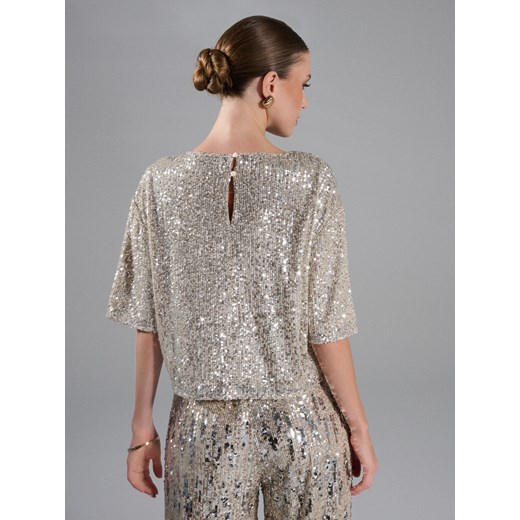 Sinsay - Cekinowa bluzka z krótkim rękawem - srebrny Sinsay XXL Sinsay