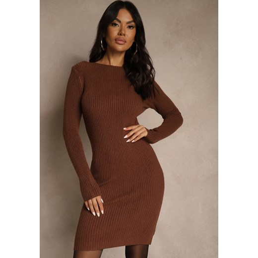 Brązowa Sweterkowa Dopasowana Sukienka z Bawełną Reileta ze sklepu renee.pl w kategorii Sukienki - zdjęcie 187191854