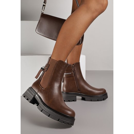 Brązowe Botki Typu Sztyblety na Platformie Ozdobione Aplikacją Nemalea - id: 2P8D-AX2612-01-54-BROWN - marki Renee - 187198541 Brązowe Botki Typu Sztyblety na Platformie Ozdobione Aplikacją Nemalea ze sklepu renee.pl w kategorii Botki - zdjęcie 187198541