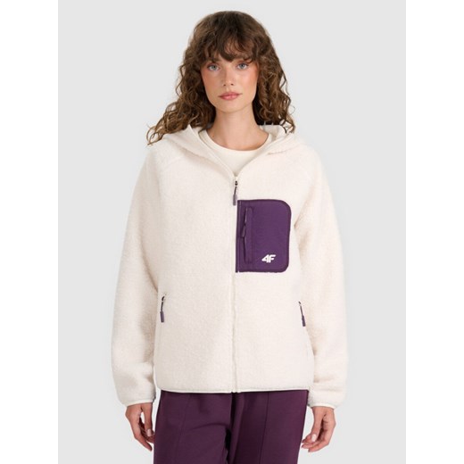 Damski polar rozpinany z kapturem 4F 4FWAW25TFLEF330 - biały ze sklepu Sportstylestory.com w kategorii Bluzy damskie - zdjęcie 187202482