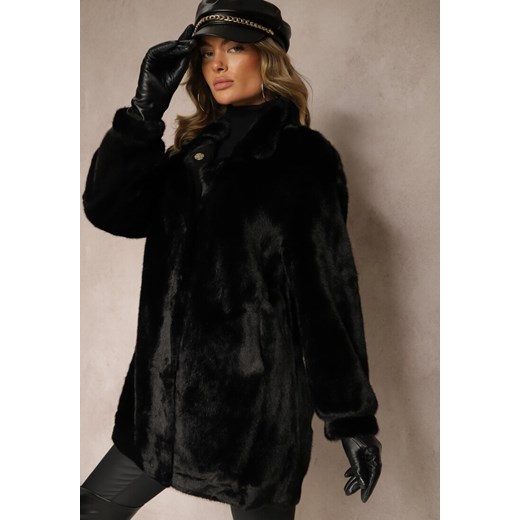 Czarny Płaszcz z Futerka o Prostym Kroju ze Stójką i Kieszeniami Saliratia ze sklepu renee.pl w kategorii Futra damskie - zdjęcie 187202641