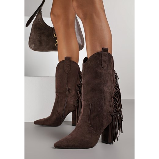 Brązowe Botki w Stylu Kowbojek na Obcasie z Frędzlami Reinasea ze sklepu born2be.pl w kategorii Botki - zdjęcie 187208271