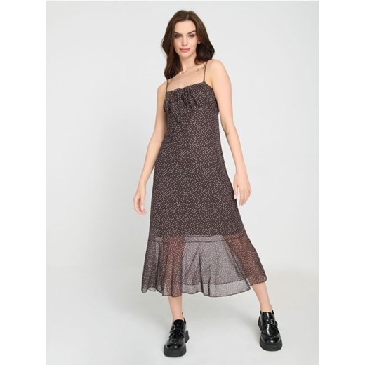 Sinsay - Sukienka midi na ramiączkach z ozdobnym dekoltem - brązowy ze sklepu Sinsay w kategorii Sukienki - zdjęcie 187208703