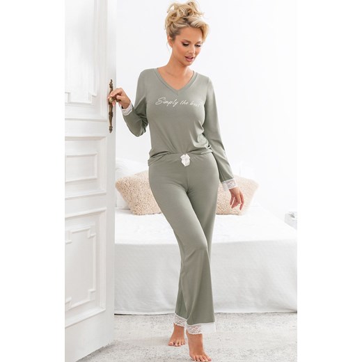 Piżama damska oliwkowa z długimi spodniami z koronką Simply long, Kolor oliwkowy, Rozmiar M, Donna ze sklepu Primodo w kategorii Piżamy damskie - zdjęcie 187209181