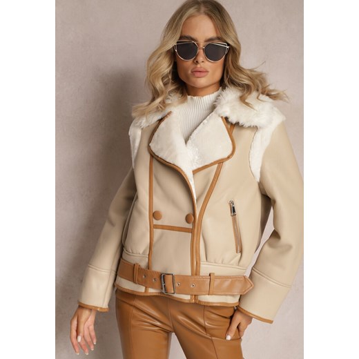 Beżowa Kurtka Biker z Ozdobną Lamówką Paskiem z Klamrą i Futerkiem Liraeua ze sklepu renee.pl w kategorii Kurtki damskie - zdjęcie 187219034