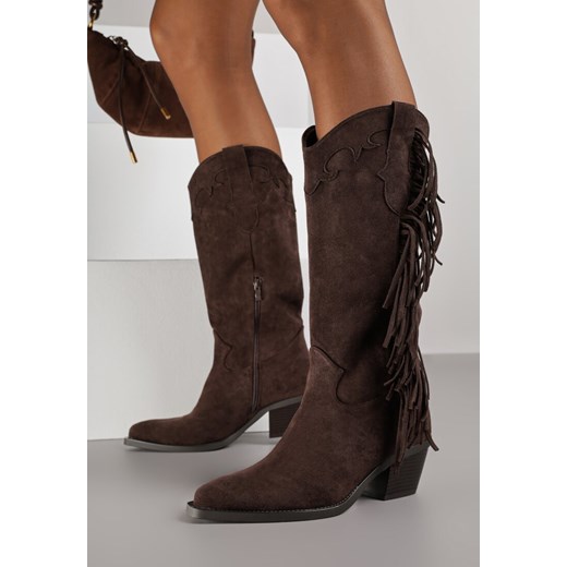 Ciemnobrązowe Kozaki Kowbojki na Stożku Ozdobione Frędzlami Reianeva ze sklepu renee.pl w kategorii Kozaki damskie - zdjęcie 187219062