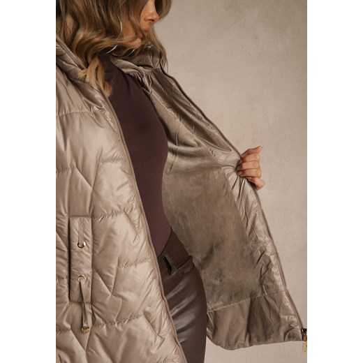 Ciemnobeżowa Przejściowa Kurtka z Pikowanymi Przeszyciami Kapturem i Suwakami Renee M renee.pl