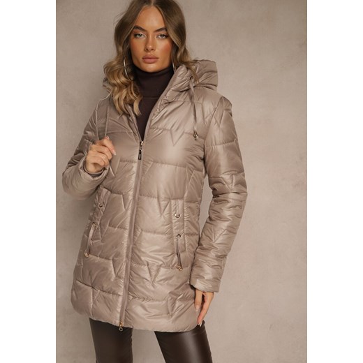 Ciemnobeżowa Przejściowa Kurtka z Pikowanymi Przeszyciami Kapturem i Suwakami Renee 2XL renee.pl