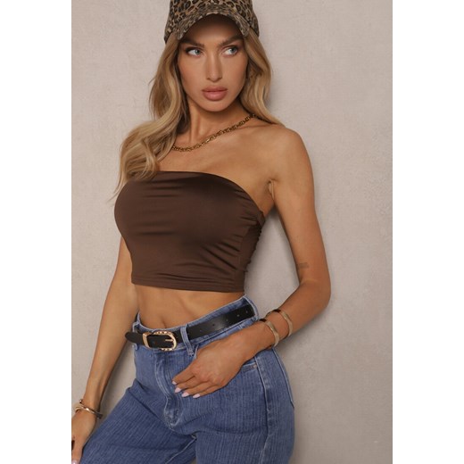 Brązowy Top z Elastycznej Tkaniny z Gumką z Tyłu Fynla - id: HS7807-448-COFFEE - marki Renee - 187224370 Brązowy Top z Elastycznej Tkaniny z Gumką z Tyłu Fynla ze sklepu renee.pl w kategorii Bluzki damskie - zdjęcie 187224370