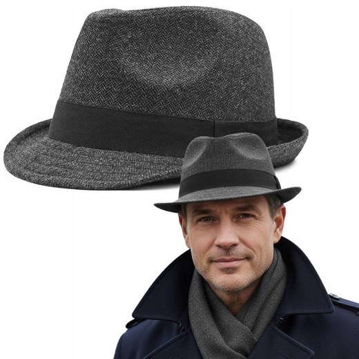 Męski Kapelusz z Wełną, Jesień-Zima, Trilby -Pako Jeans- Grafit, Jodełka Uniwersalny JegoSzafa.pl