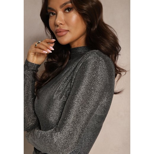 Srebrna Bluzka z Wiskozą Marszczeniem przy Dekolcie i Metaliczną Nicią Efantina Renee S renee.pl