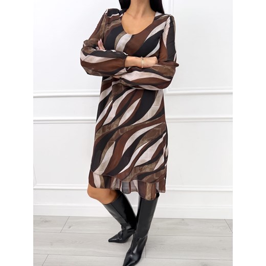 Brązowa Wzorzysta Sukienka z Dekoltem V Modnakiecka.pl 40 ModnaKiecka.pl