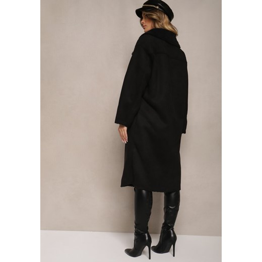 Czarny Jednorzędowy Płaszcz Futerko z Imitacji Zamszu z Kieszeniami Etanielis Renee M wyprzedaż renee.pl