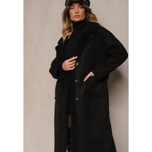 Czarny Jednorzędowy Płaszcz Futerko z Imitacji Zamszu z Kieszeniami Etanielis Renee XL promocja renee.pl