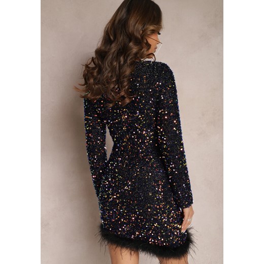 Czarno-Niebieska Sukienka Mini z Trójkątnym Dekoltem Ozdobiona Piórami i Renee S renee.pl