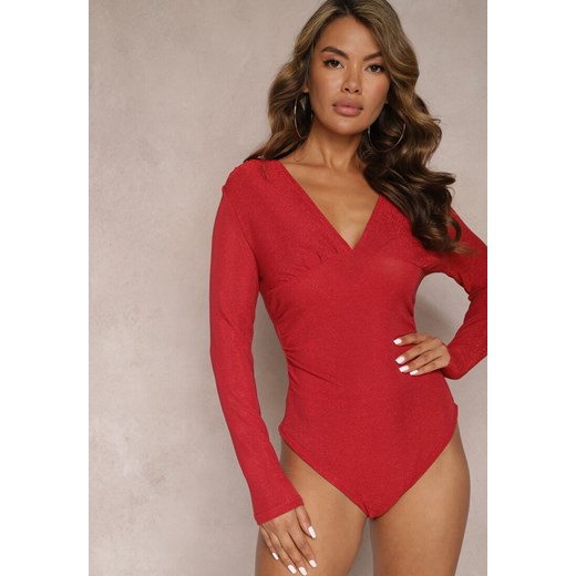 Czerwone Body z Ozdobnym Marszczeniem i Metaliczną Nitką Virena ze sklepu renee.pl w kategorii Bluzki damskie - zdjęcie 187239560
