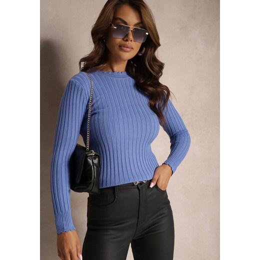Niebieski Sweter z Dodatkiem Bawełny z Prążkowanego Materiału Mevalay Renee ONE SIZE renee.pl