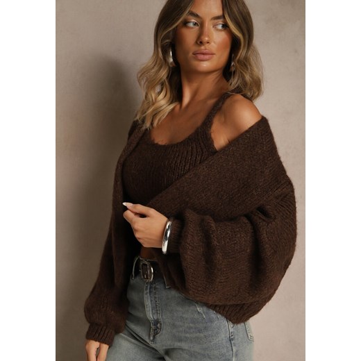 Brązowy Niezapinany Kardigan z Wełną i Wiskozą z Dołączonym Topem Belvane ze sklepu renee.pl w kategorii Swetry damskie - zdjęcie 187239732