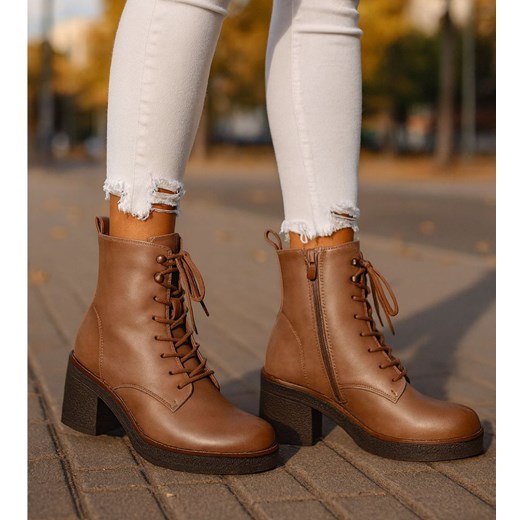 Sznurowane botki workery na obcasie Khaki /i4-3h2 18407 W385/ ze sklepu Pantofelek24.pl w kategorii Botki - zdjęcie 187239964