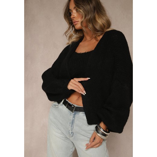 Czarny Niezapinany Kardigan z Wełną i Wiskozą z Dołączonym Topem Belvane - id: 31091-38-BLACK - marki Renee - 187240492 Czarny Niezapinany Kardigan z Wełną i Wiskozą z Dołączonym Topem Belvane ze sklepu renee.pl w kategorii Swetry damskie - zdjęcie 187240492