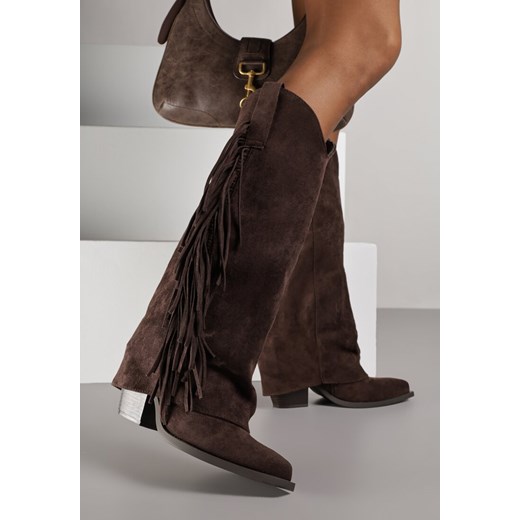Ciemnobrązowe Kozaki Kowbojki na Stożku z Cholewką Imitującą Nogawkę z Frędzlami Monettea - id: 2555A-54-BROWN - marki Renee - 187240513 Ciemnobrązowe Kozaki Kowbojki na Stożku z Cholewką Imitującą Nogawkę z Frędzlami Monettea ze sklepu renee.pl w kategorii Kozaki damskie - zdjęcie 187240513