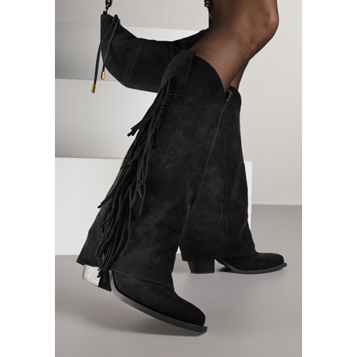 Czarne Kozaki Kowbojki na Stożku z Cholewką Imitującą Nogawkę z Frędzlami Monettea - id: 2555A-38-BLACK - marki Renee - 187240520 Czarne Kozaki Kowbojki na Stożku z Cholewką Imitującą Nogawkę z Frędzlami Monettea ze sklepu renee.pl w kategorii Kozaki damskie - zdjęcie 187240520