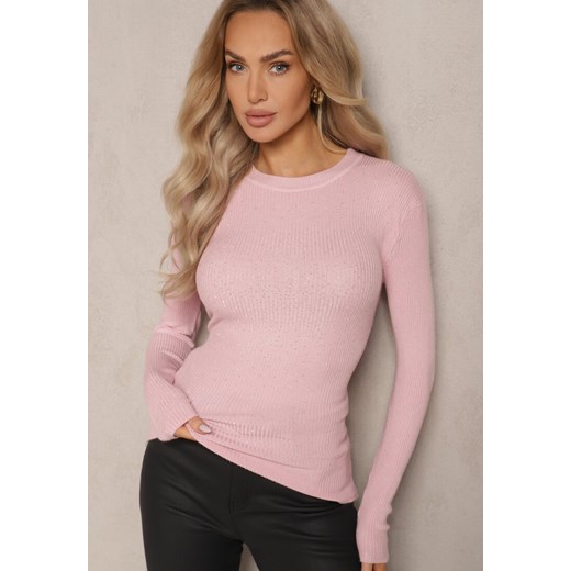 Jasnoróżowy Prążkowany Sweter z Bawełną Ozdobiony Cyrkoniami Romilea - id: 3770-MIX5K-46-L.PINK - marki Renee - 187242264 Jasnoróżowy Prążkowany Sweter z Bawełną Ozdobiony Cyrkoniami Romilea ze sklepu renee.pl w kategorii Swetry damskie - zdjęcie 187242264