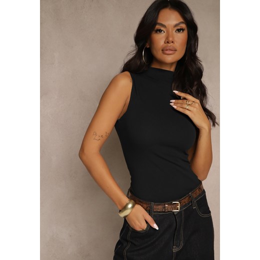 Czarny Dopasowany Top z Bawełny z Półgolfem Unellesa - id: JMC20737-38-BLACK - marki Renee - 187242284 Czarny Dopasowany Top z Bawełny z Półgolfem Unellesa ze sklepu renee.pl w kategorii Bluzki damskie - zdjęcie 187242284