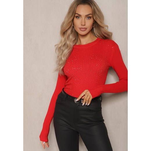 Czerwony Prążkowany Sweter z Bawełną Ozdobiony Cyrkoniami Romilea - id: 3770-MIX5K-64-RED - marki Renee - 187243684 Czerwony Prążkowany Sweter z Bawełną Ozdobiony Cyrkoniami Romilea ze sklepu renee.pl w kategorii Swetry damskie - zdjęcie 187243684