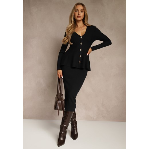 Czarny Dzianinowy Komplet z Wiskozą Elegancki Kardigan i Spódnica Unalaia - id: J9096-38-BLACK - marki Renee - 187243724 Czarny Dzianinowy Komplet z Wiskozą Elegancki Kardigan i Spódnica Unalaia ze sklepu renee.pl w kategorii Komplety i garnitury damskie - zdjęcie 187243724