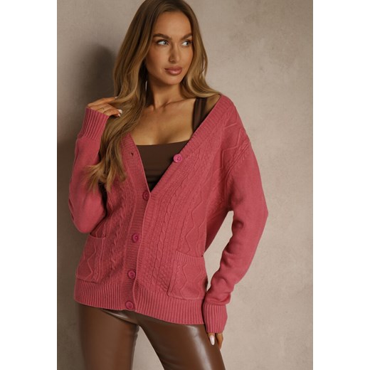 Ciemnoróżowy Kardigan z Bawełną i Tłoczonym Wzorem Reisina - id: 3696-M-47-D.PINK - marki Renee - 187243734 Ciemnoróżowy Kardigan z Bawełną i Tłoczonym Wzorem Reisina ze sklepu renee.pl w kategorii Swetry damskie - zdjęcie 187243734