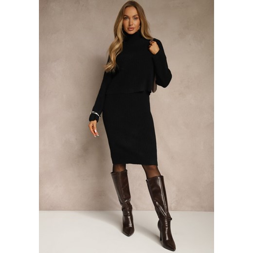 Czarny Dzianinowy Komplet z Bawełną i Wełną Dopasowana Sukienka i Golf Reinissa - id: HS3071-S-38-BLACK - marki Renee - 187243744 Czarny Dzianinowy Komplet z Bawełną i Wełną Dopasowana Sukienka i Golf Reinissa ze sklepu renee.pl w kategorii Komplety i garnitury damskie - zdjęcie 187243744