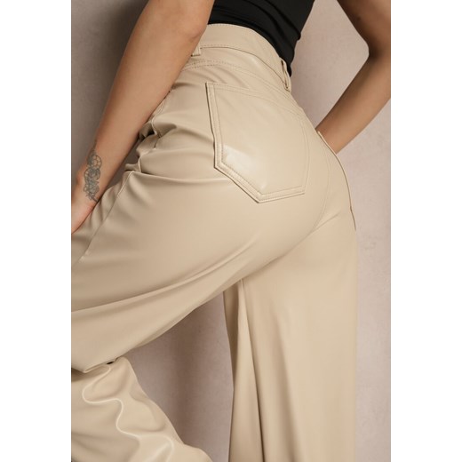 Beżowe Szerokie Spodnie High Waist z Imitacji Skóry Enawinn Renee 2XS renee.pl