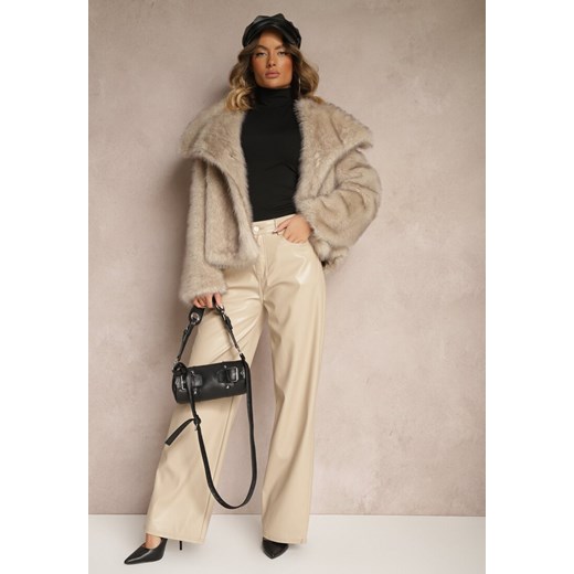 Beżowe Szerokie Spodnie High Waist z Imitacji Skóry Enawinn - id: C9332-42-BEIGE - marki Renee - 187244691 Beżowe Szerokie Spodnie High Waist z Imitacji Skóry Enawinn ze sklepu renee.pl w kategorii Spodnie damskie - zdjęcie 187244691