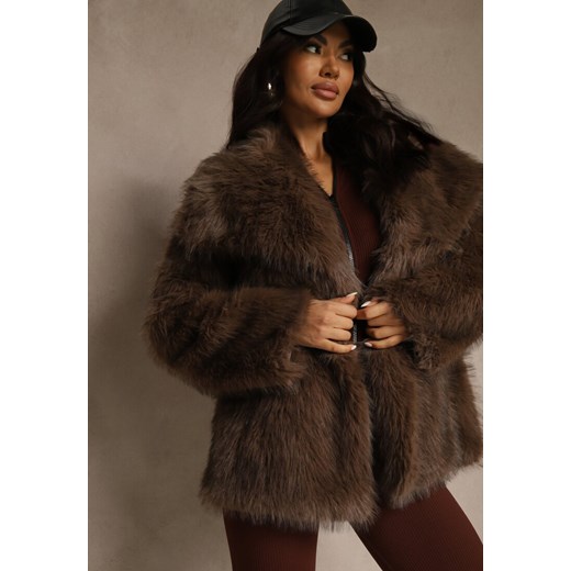 Brązowa Dwurzędowa Kurtka Futerko Oversize Nenalla ze sklepu renee.pl w kategorii Futra damskie - zdjęcie 187244752